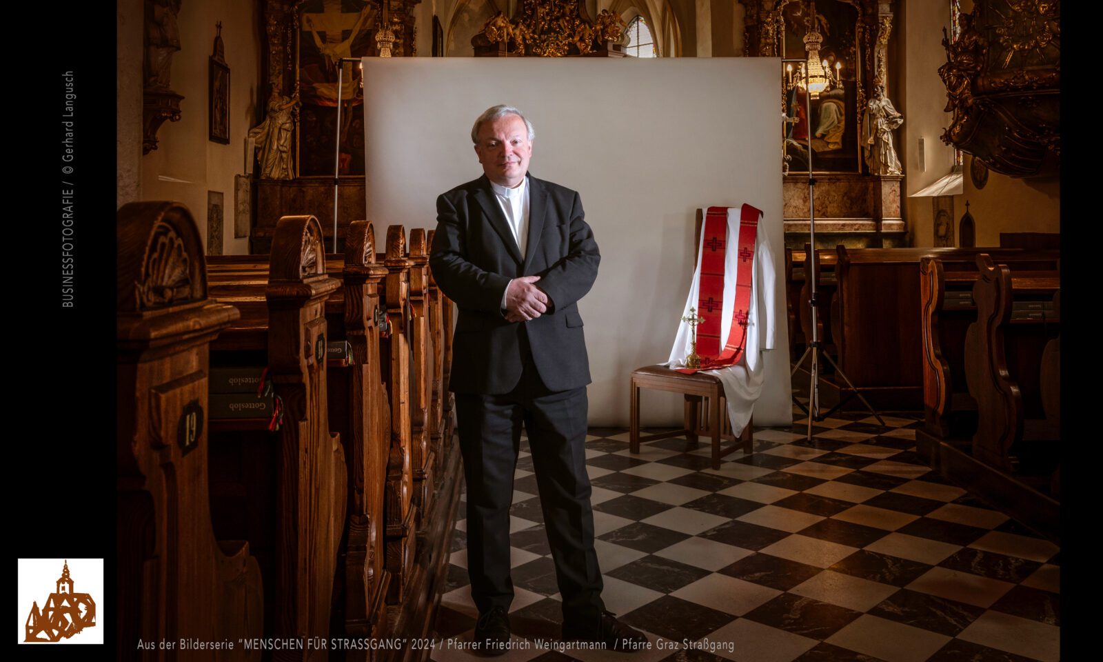 Businessfotos, Foto Langusch, Gerhard Langusch, Portraitfotoshooting, Pfarrer Weingartmann, Pfarre Straßgang, Graz